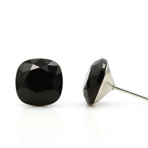 10mm Black Swarovski Studs | Black Cushion Cut Crystal Earrings | Hypoallergenic